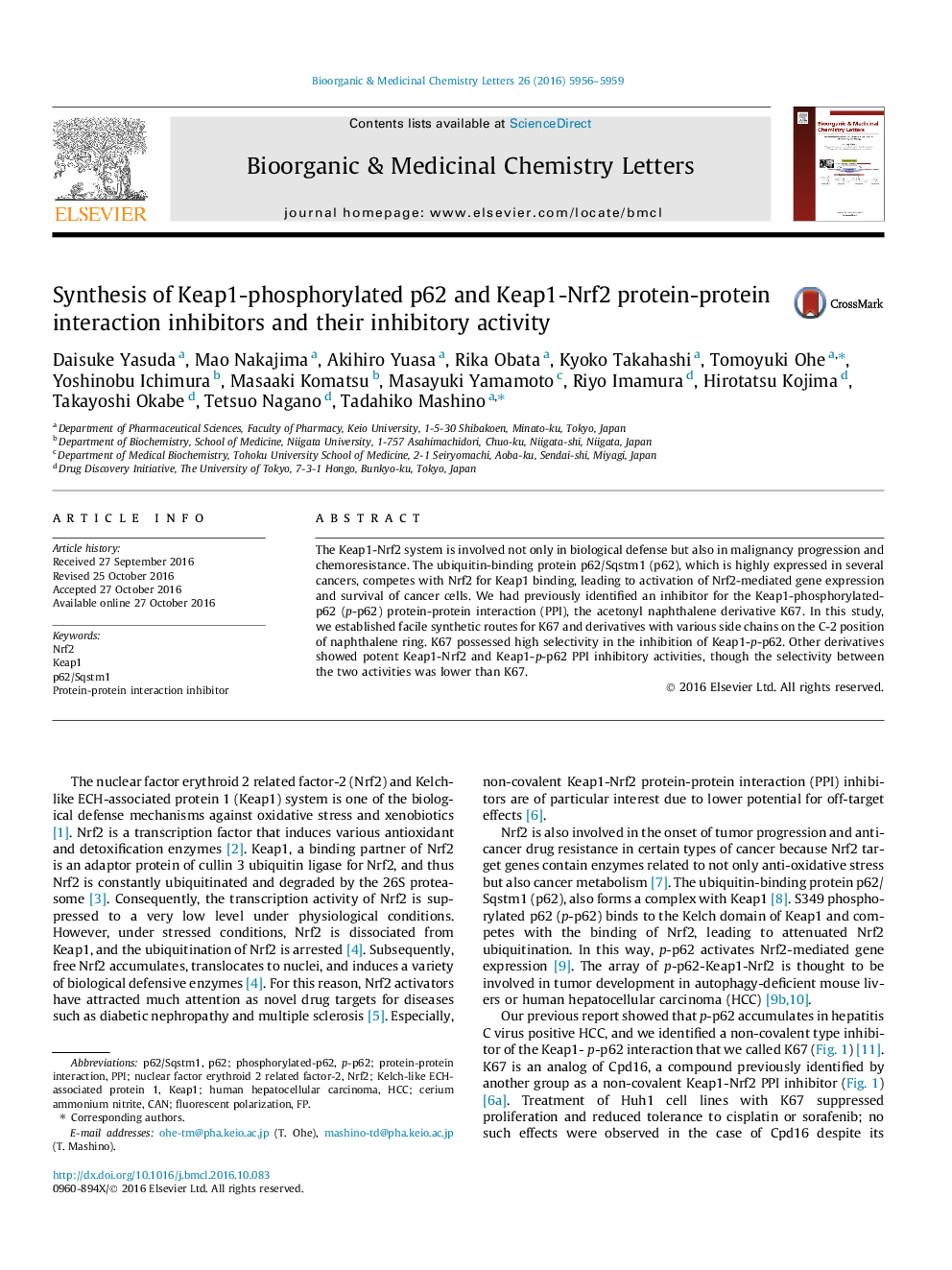 Synthesis of Keap1-phosphorylated p62 and Keap1-Nrf2 protein-protein interaction inhibitors and their inhibitory activity