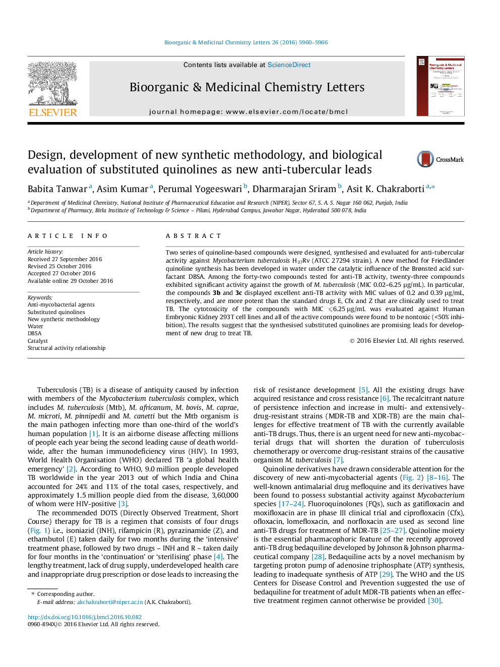 Design, development of new synthetic methodology, and biological evaluation of substituted quinolines as new anti-tubercular leads