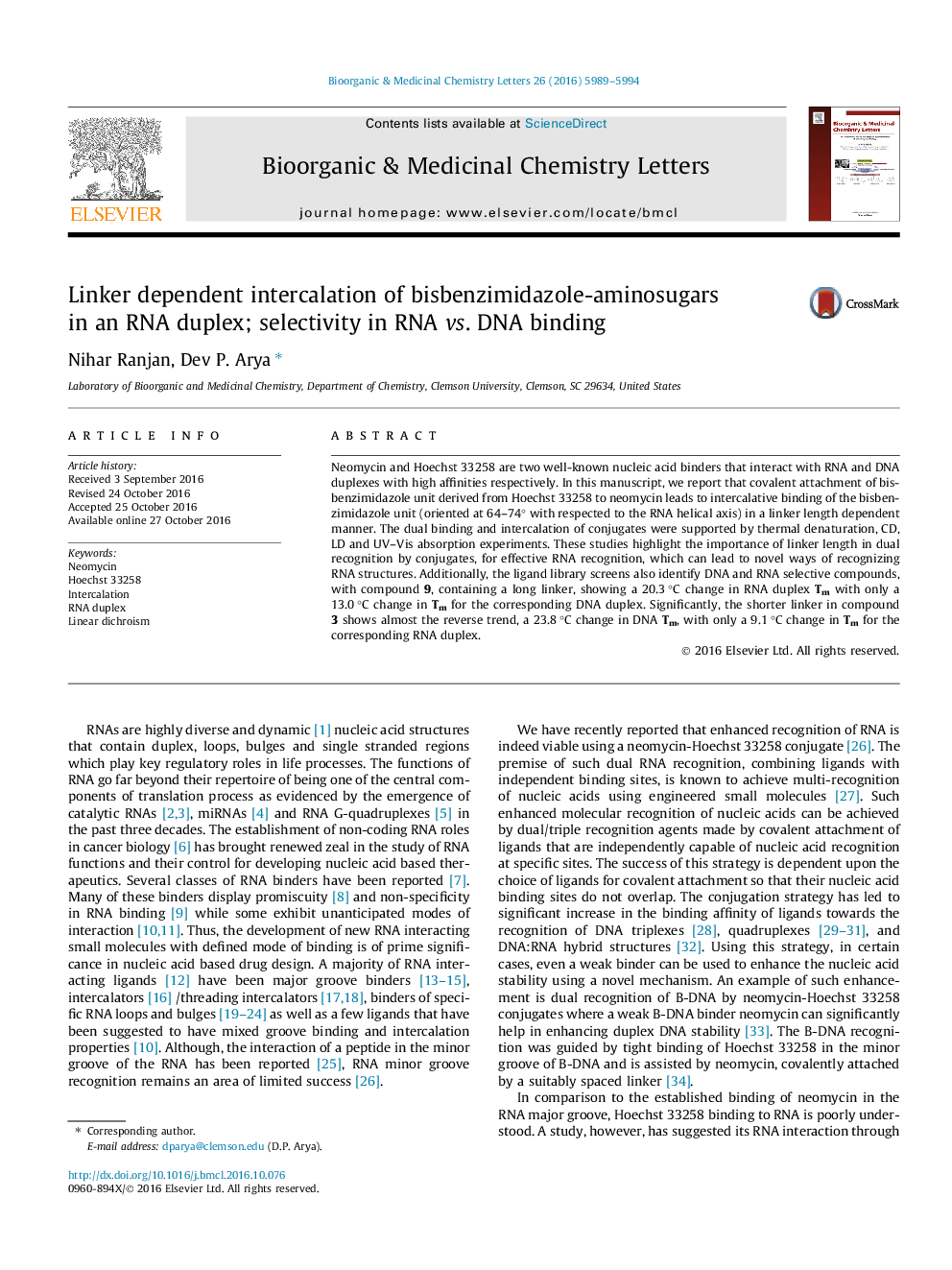 Linker dependent intercalation of bisbenzimidazole-aminosugars in an RNA duplex; selectivity in RNA vs. DNA binding