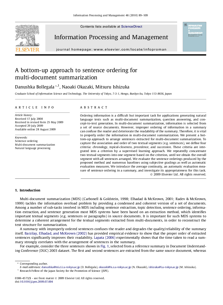 عکس صفحه اول مقاله: A bottom-up approach to sentence ordering for multi-document summarization A bottom-up approach to sentence ordering for multi-document summarization