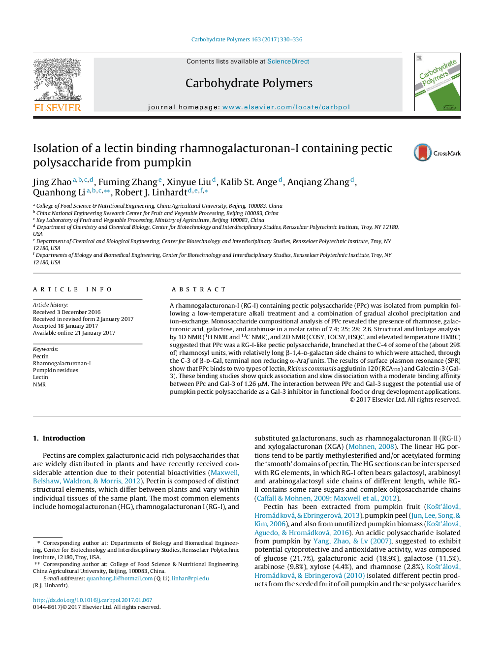 Isolation of a lectin binding rhamnogalacturonan-I containing pectic polysaccharide from pumpkin