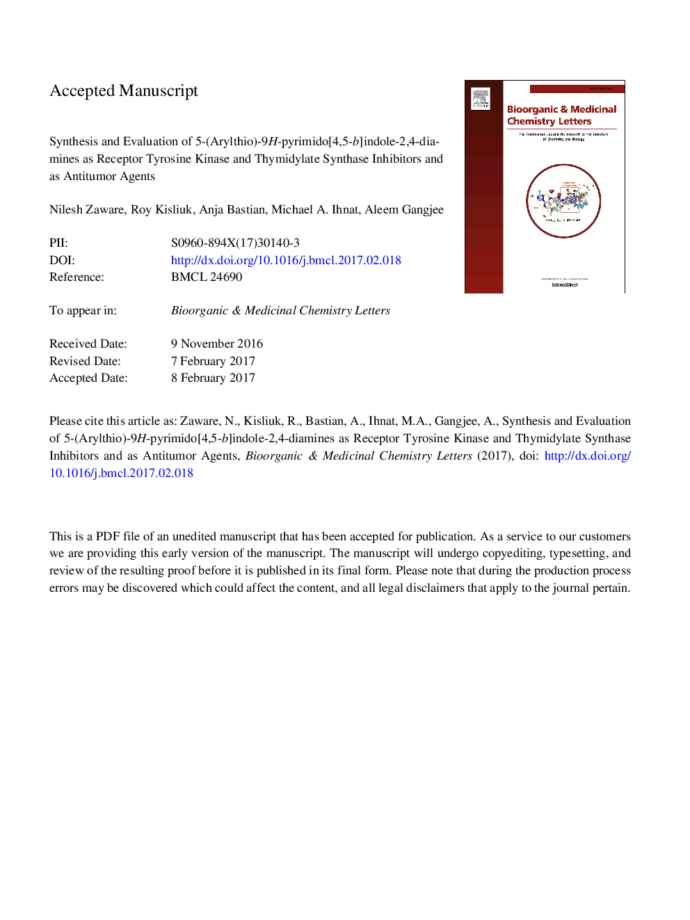 Synthesis and evaluation of 5-(arylthio)-9H-pyrimido[4,5-b]indole-2,4-diamines as receptor tyrosine kinase and thymidylate synthase inhibitors and as antitumor agents