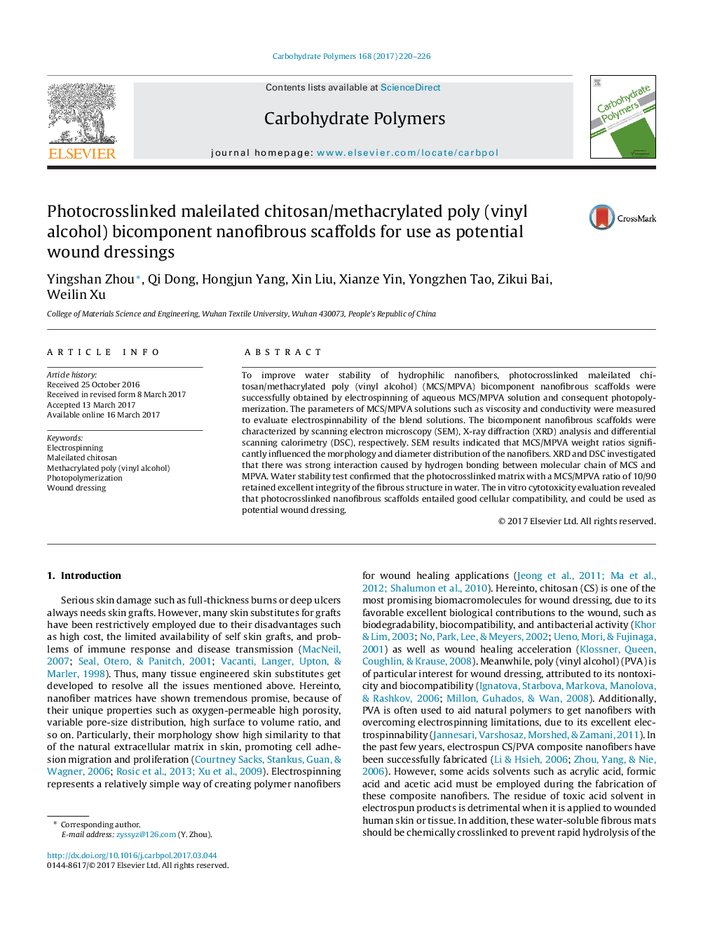 Photocrosslinked maleilated chitosan/methacrylated poly (vinyl alcohol) bicomponent nanofibrous scaffolds for use as potential wound dressings