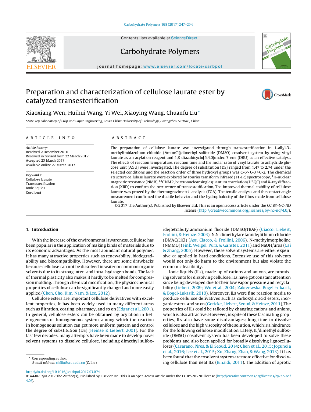 Preparation and characterization of cellulose laurate ester by catalyzed transesterification