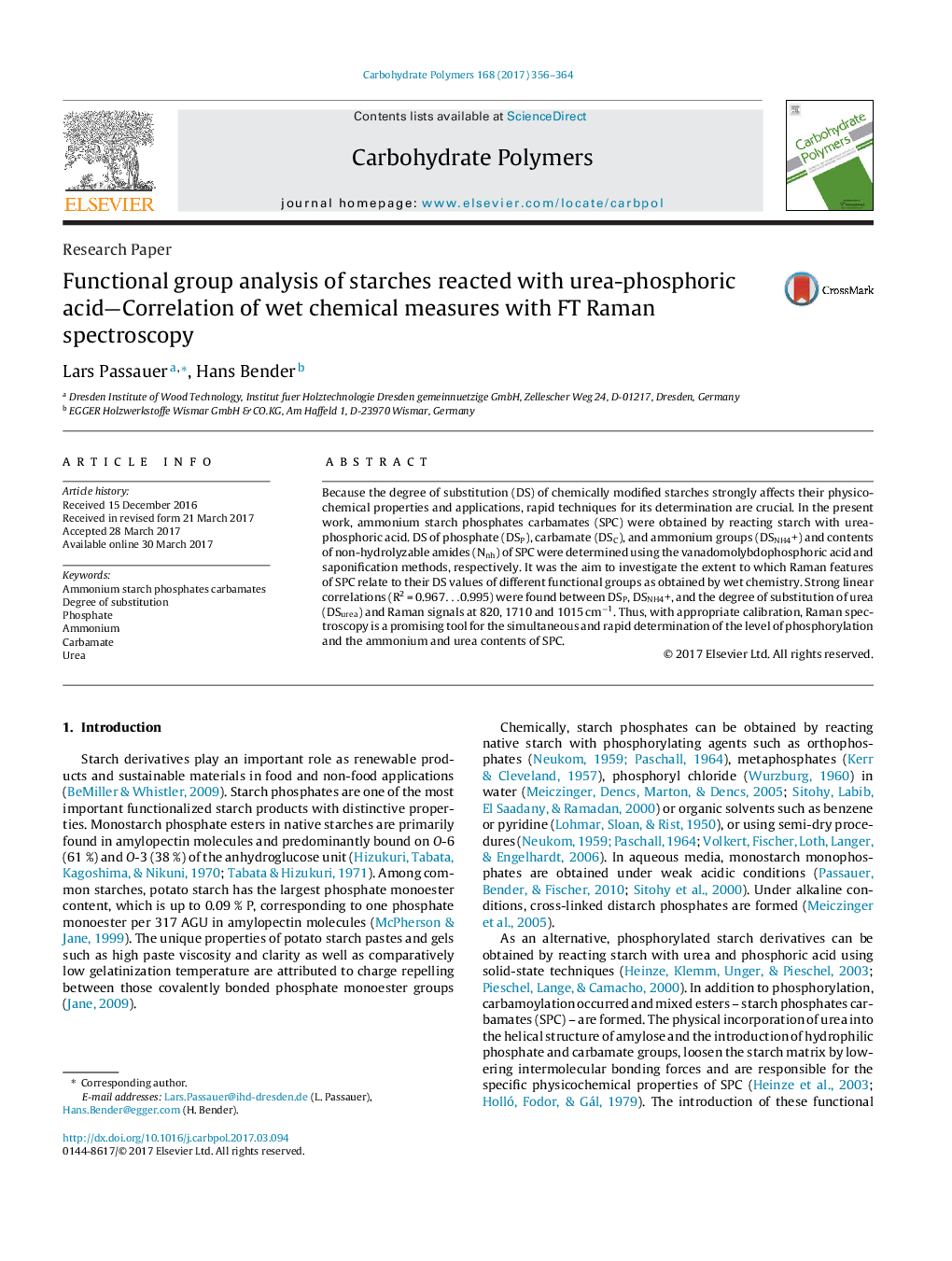 Functional group analysis of starches reacted with urea-phosphoric acid-Correlation of wet chemical measures with FT Raman spectroscopy