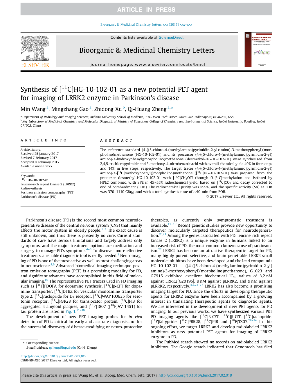 Synthesis of [11C]HG-10-102-01 as a new potential PET agent for imaging of LRRK2 enzyme in Parkinson's disease