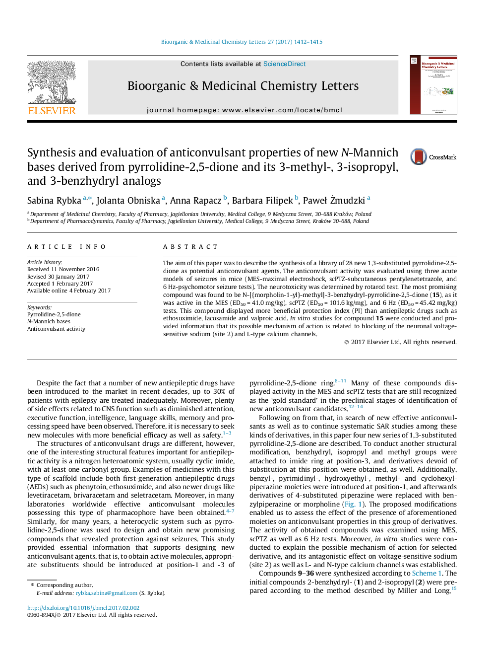 Synthesis and evaluation of anticonvulsant properties of new N-Mannich bases derived from pyrrolidine-2,5-dione and its 3-methyl-, 3-isopropyl, and 3-benzhydryl analogs