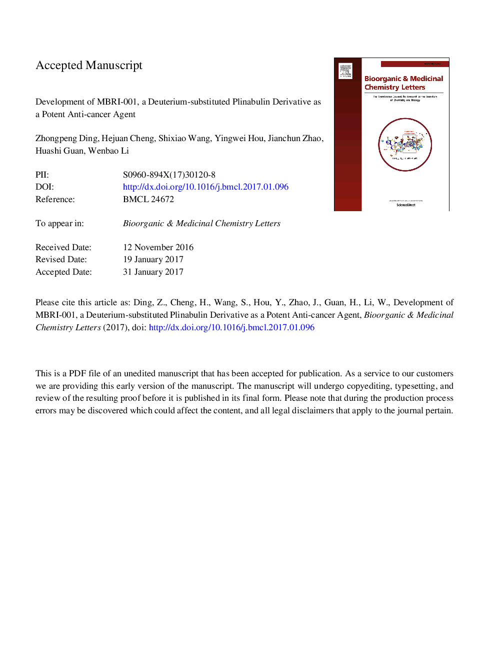 Development of MBRI-001, a deuterium-substituted plinabulin derivative as a potent anti-cancer agent