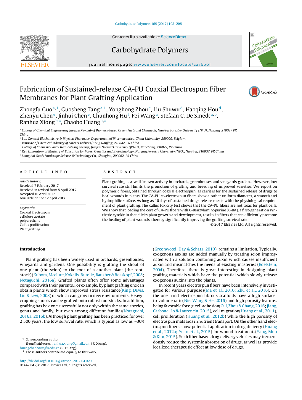 Fabrication of Sustained-release CA-PU Coaxial Electrospun Fiber Membranes for Plant Grafting Application