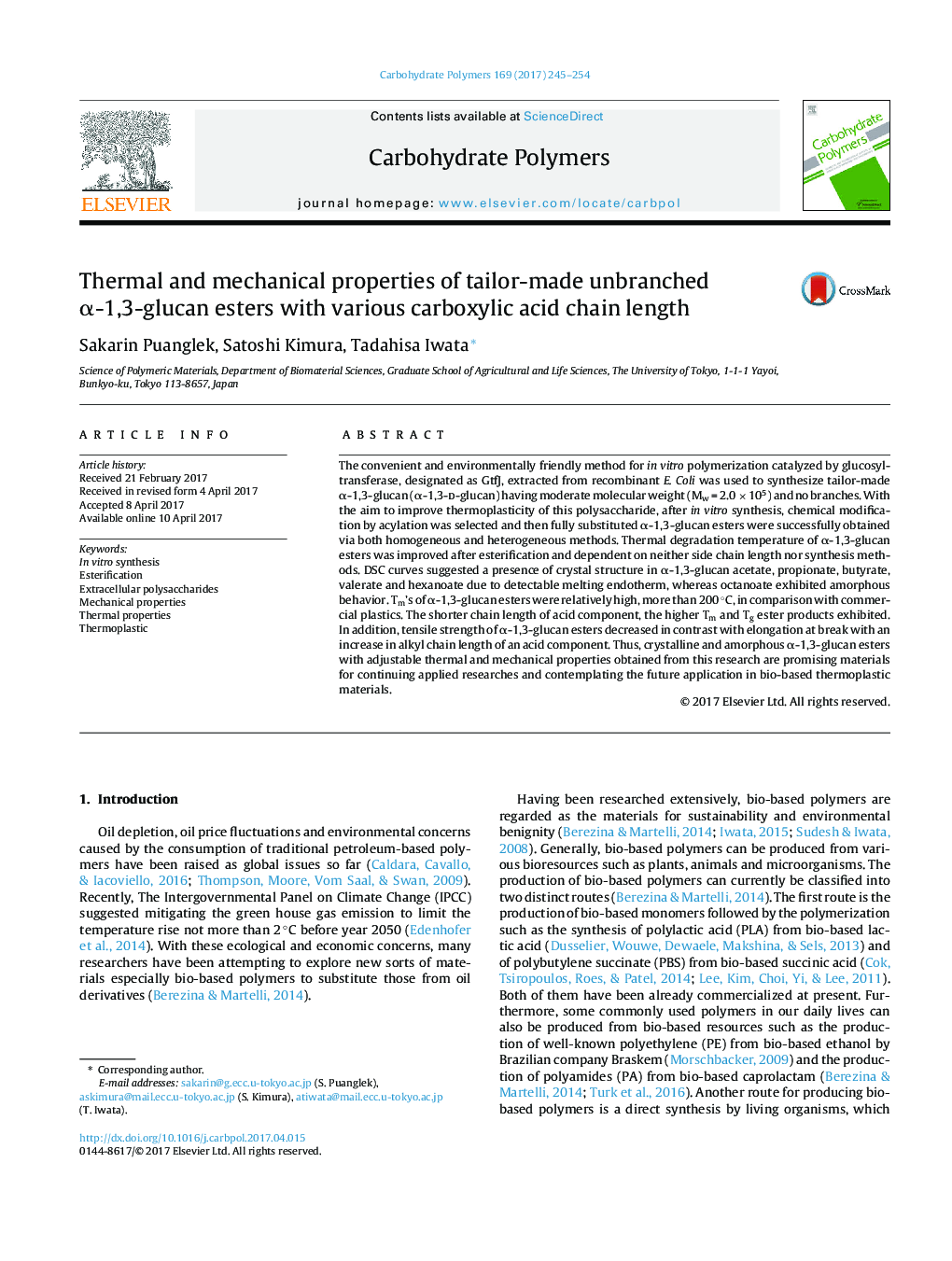 Thermal and mechanical properties of tailor-made unbranched Î±-1,3-glucan esters with various carboxylic acid chain length