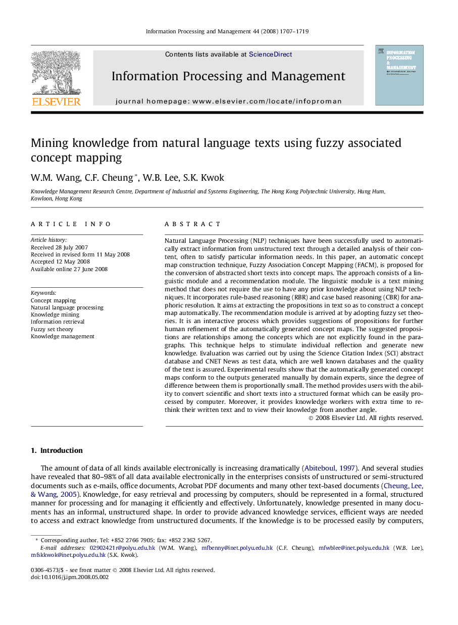 Mining knowledge from natural language texts using fuzzy associated concept mapping