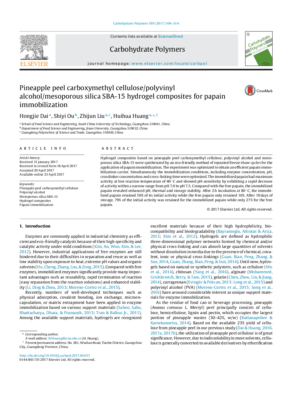 Pineapple peel carboxymethyl cellulose/polyvinyl alcohol/mesoporous silica SBA-15 hydrogel composites for papain immobilization