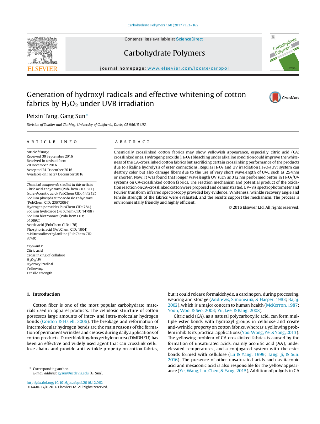 Generation of hydroxyl radicals and effective whitening of cotton fabrics by H2O2 under UVB irradiation