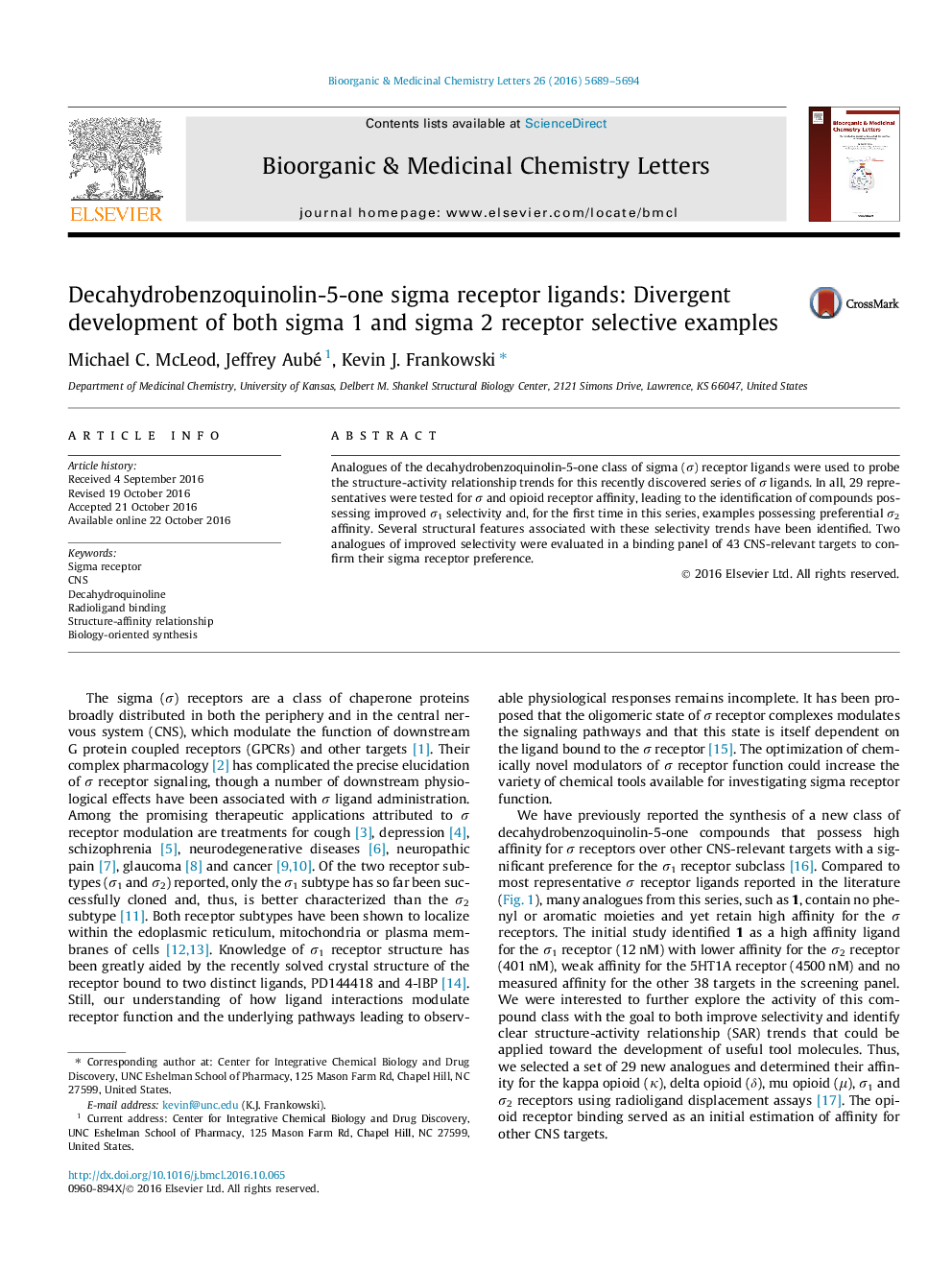 Decahydrobenzoquinolin-5-one sigma receptor ligands: Divergent development of both sigma 1 and sigma 2 receptor selective examples