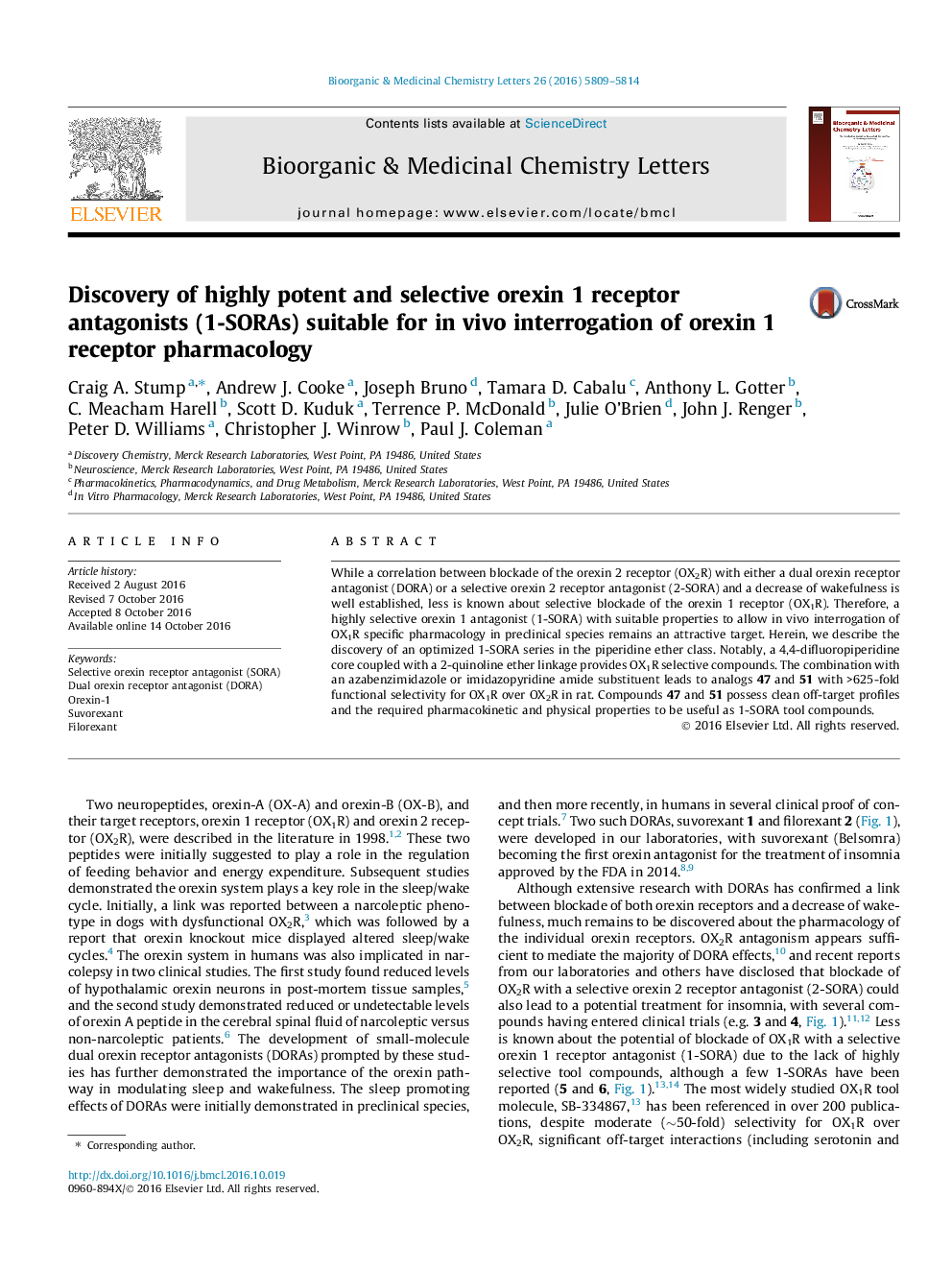 عکس صفحه اول مقاله: Discovery of highly potent and selective orexin 1 receptor antagonists (1-SORAs) suitable for in vivo interrogation of orexin 1 receptor pharmacology Discovery of highly potent and selective orexin 1 receptor antagonists (1-SORAs) suitable for in vivo interrogation of orexin 1 receptor pharmacology