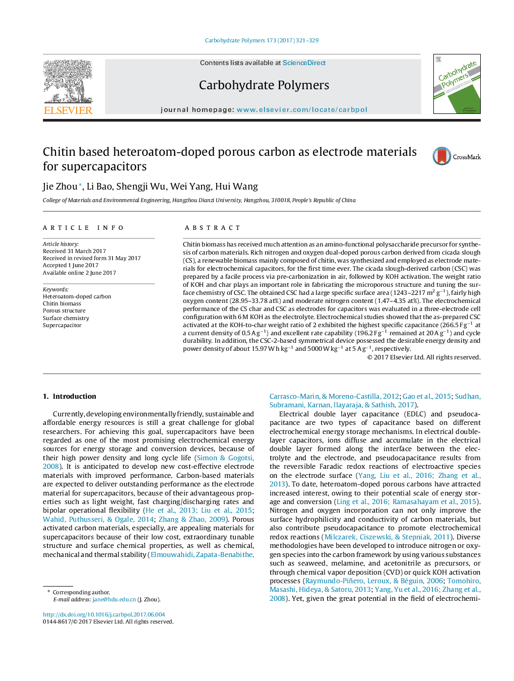 Chitin based heteroatom-doped porous carbon as electrode materials for supercapacitors