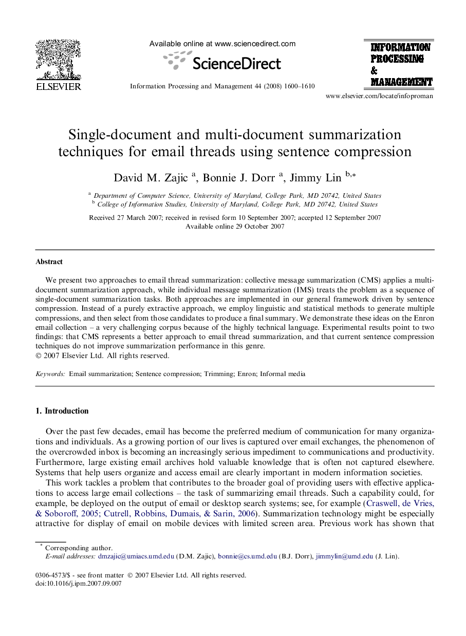 Single-document and multi-document summarization techniques for email threads using sentence compression