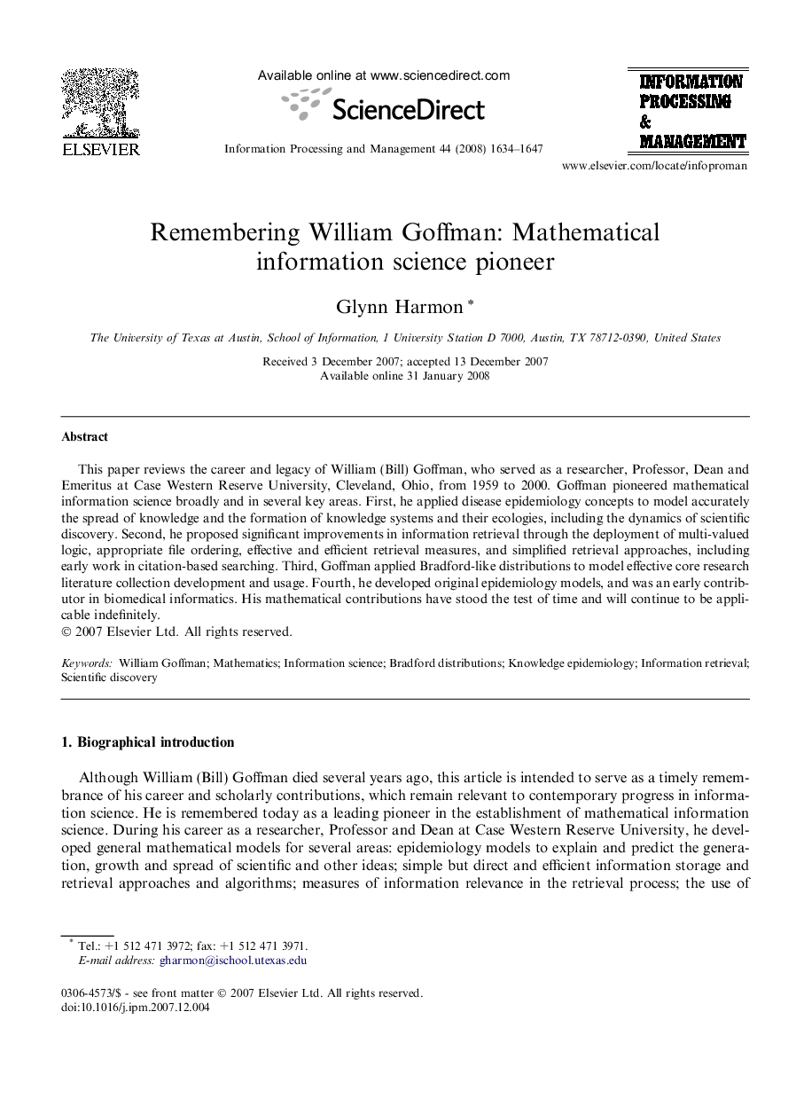 Remembering William Goffman: Mathematical information science pioneer