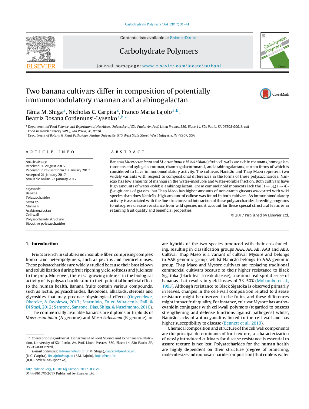 Two banana cultivars differ in composition of potentially immunomodulatory mannan and arabinogalactan