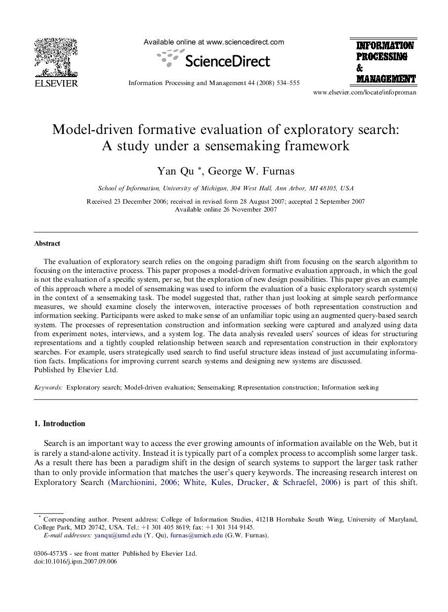 Model-driven formative evaluation of exploratory search: A study under a sensemaking framework