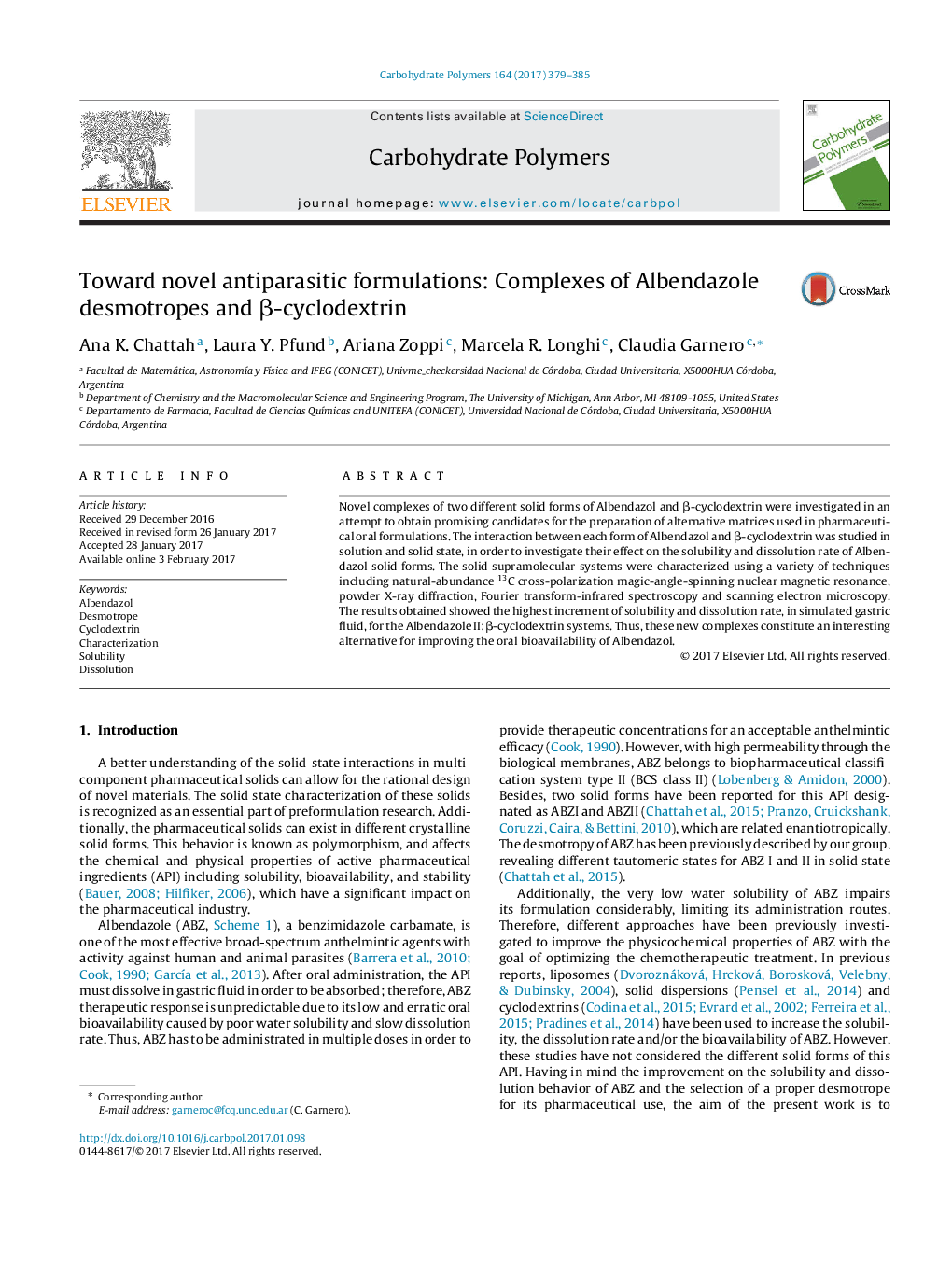 Toward novel antiparasitic formulations: Complexes of Albendazole desmotropes and Î²-cyclodextrin