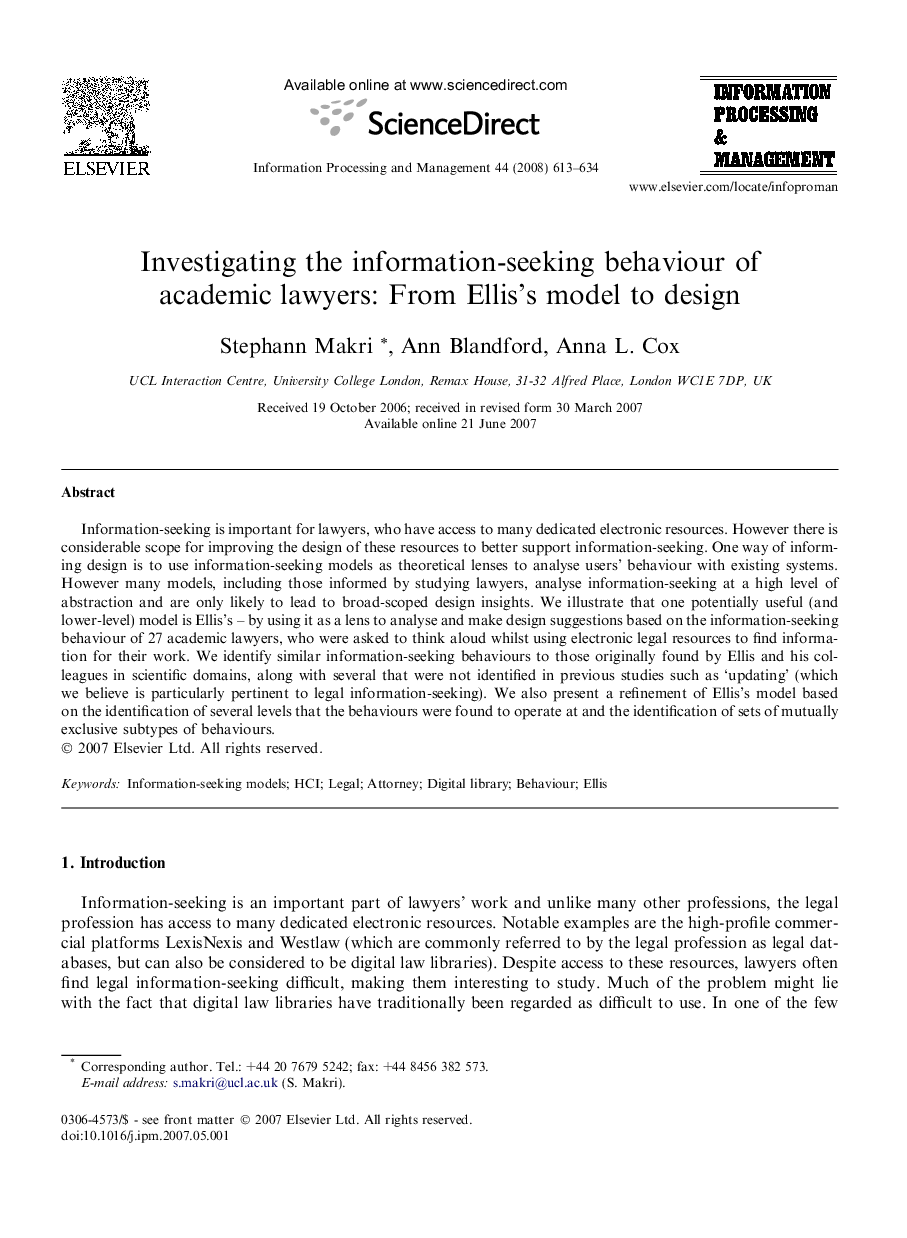 Investigating the information-seeking behaviour of academic lawyers: From Ellis’s model to design