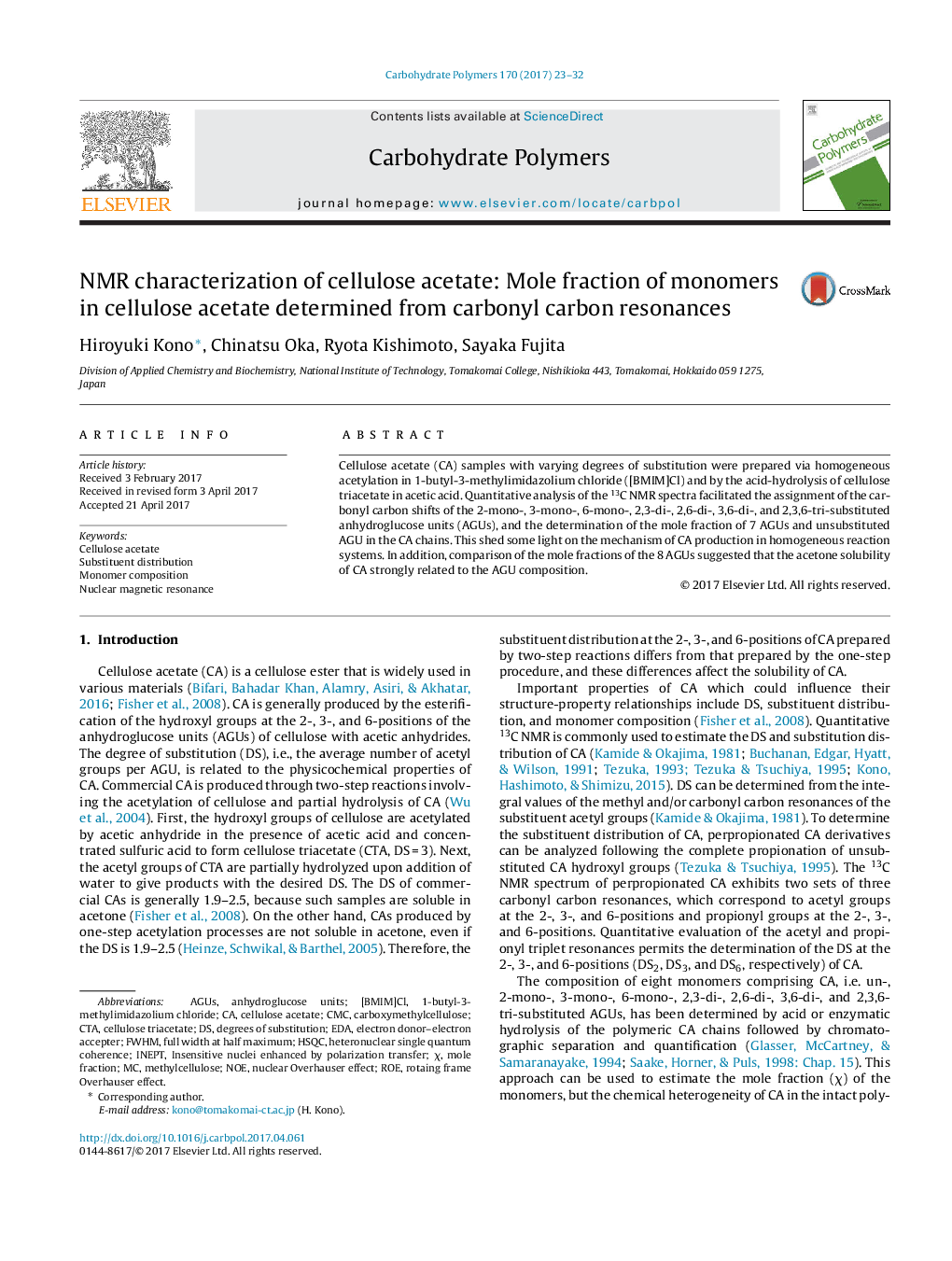 NMR characterization of cellulose acetate: Mole fraction of monomers in cellulose acetate determined from carbonyl carbon resonances