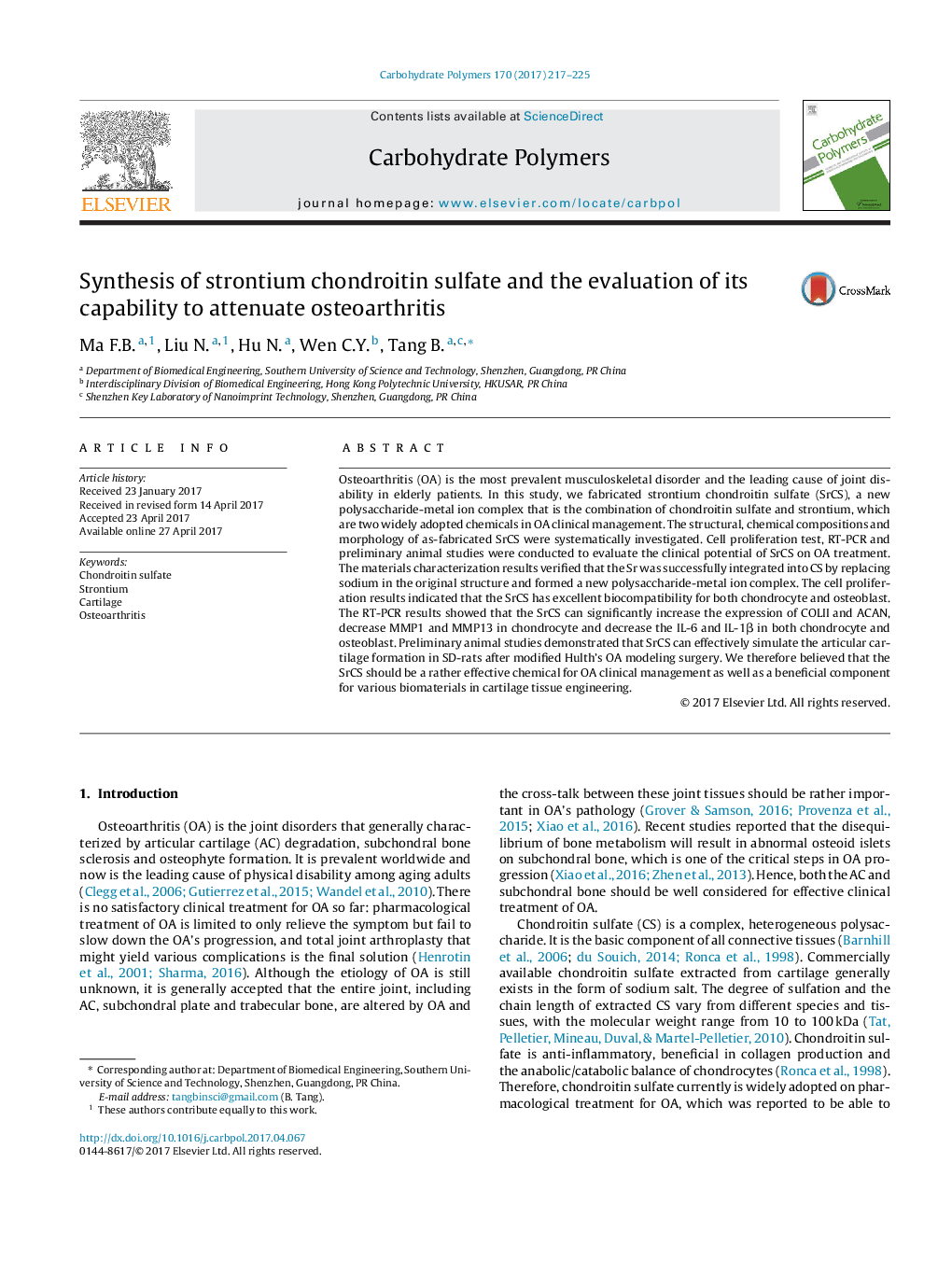 Synthesis of strontium chondroitin sulfate and the evaluation of its capability to attenuate osteoarthritis