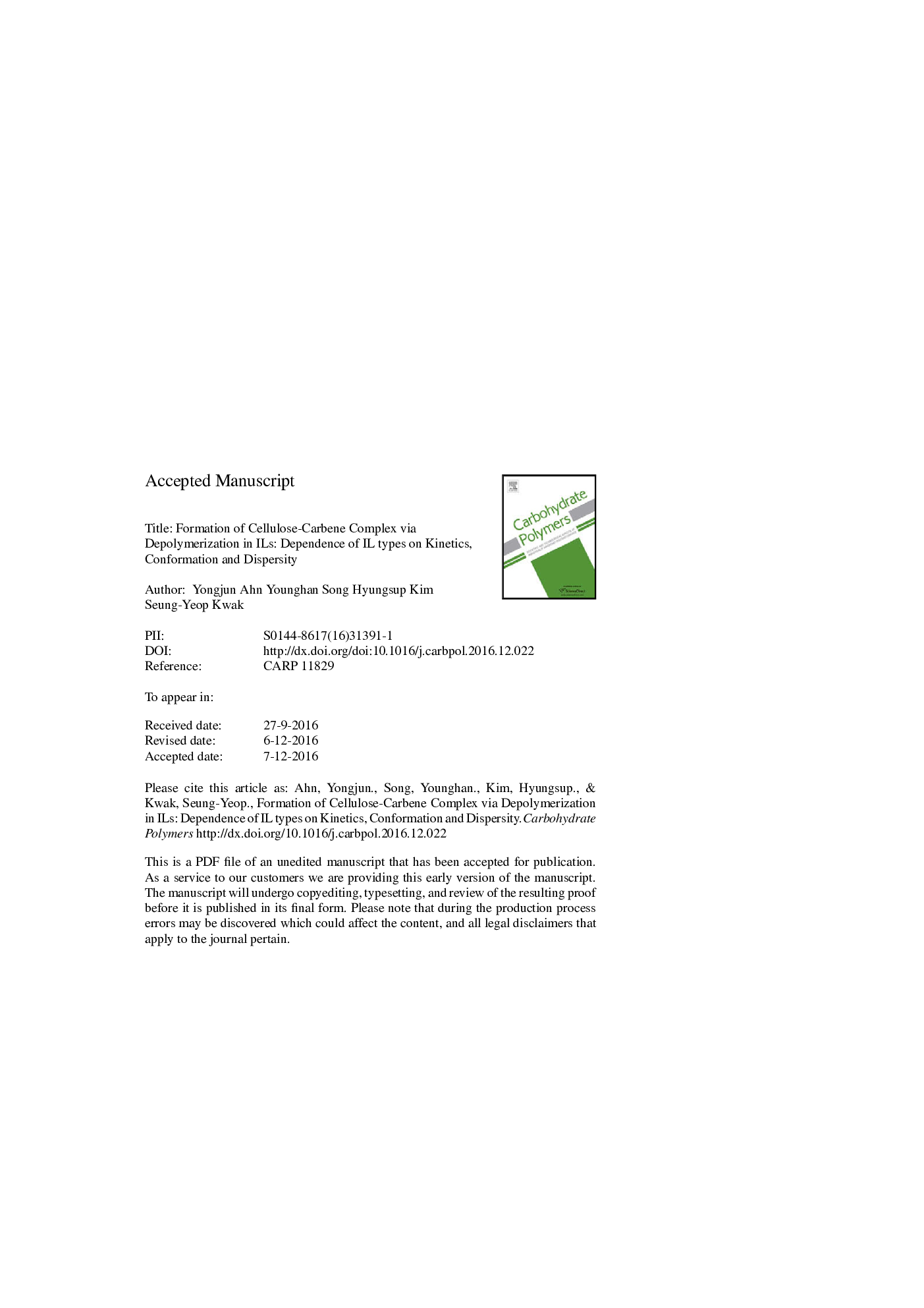عکس صفحه اول مقاله: Formation of cellulose-carbene complex via depolymerization in ILs: Dependence of IL types on kinetics, conformation and dispersity Formation of cellulose-carbene complex via depolymerization in ILs: Dependence of IL types on kinetics, conformation and dispersity