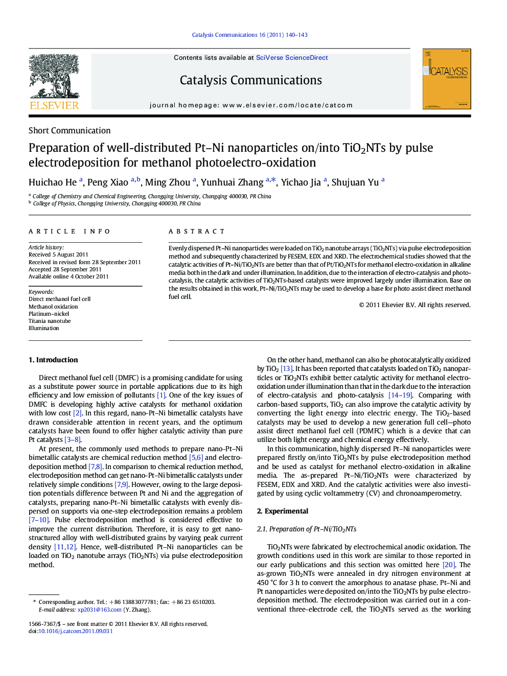 Preparation of well-distributed Pt–Ni nanoparticles on/into TiO2NTs by pulse electrodeposition for methanol photoelectro-oxidation