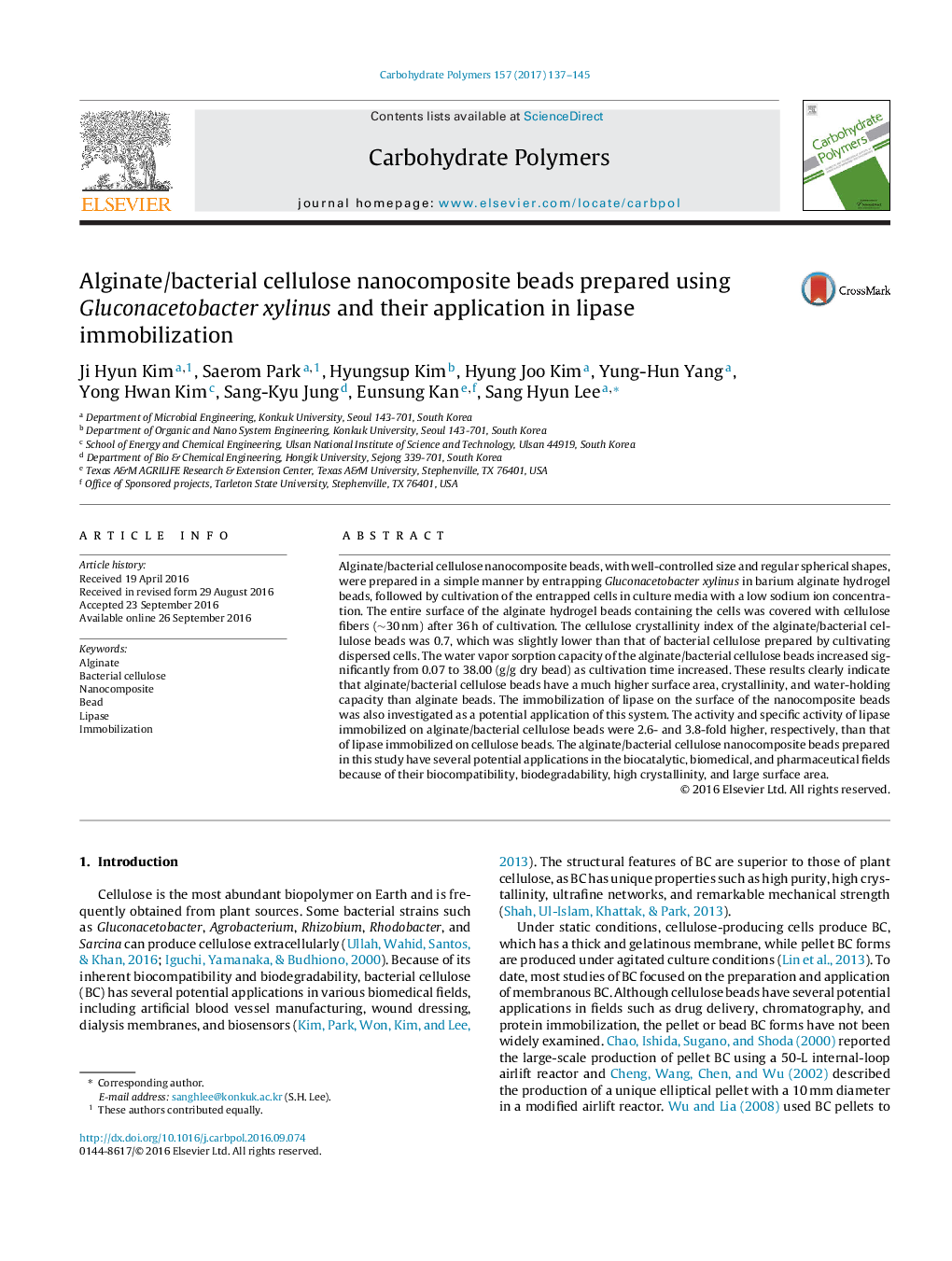 Alginate/bacterial cellulose nanocomposite beads prepared using Gluconacetobacter xylinus and their application in lipase immobilization