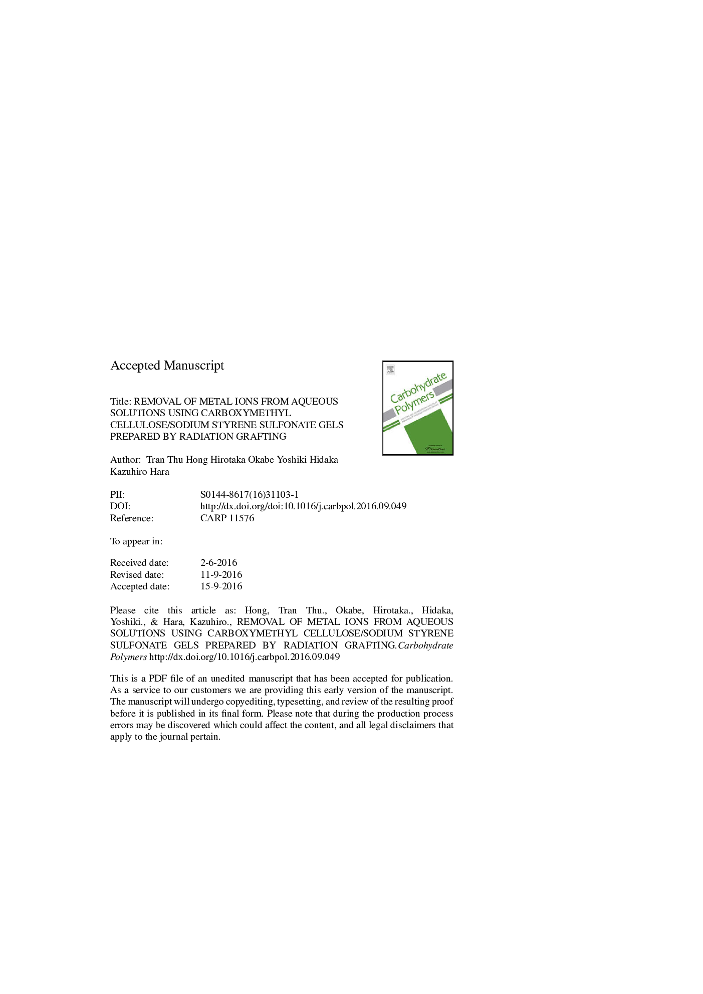 Removal of metal ions from aqueous solutions using carboxymethyl cellulose/sodium styrene sulfonate gels prepared by radiation grafting