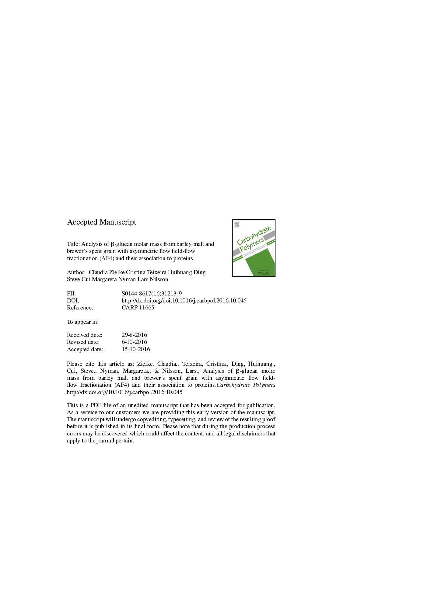 Analysis of Î²-glucan molar mass from barley malt and brewer's spent grain with asymmetric flow field-flow fractionation (AF4) and their association to proteins