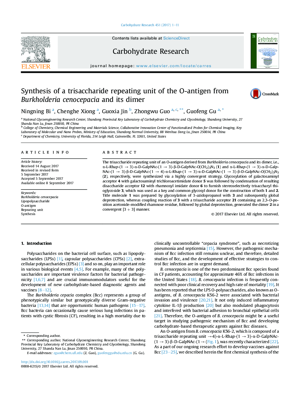 Synthesis of a trisaccharide repeating unit of the O-antigen from Burkholderia cenocepacia and its dimer