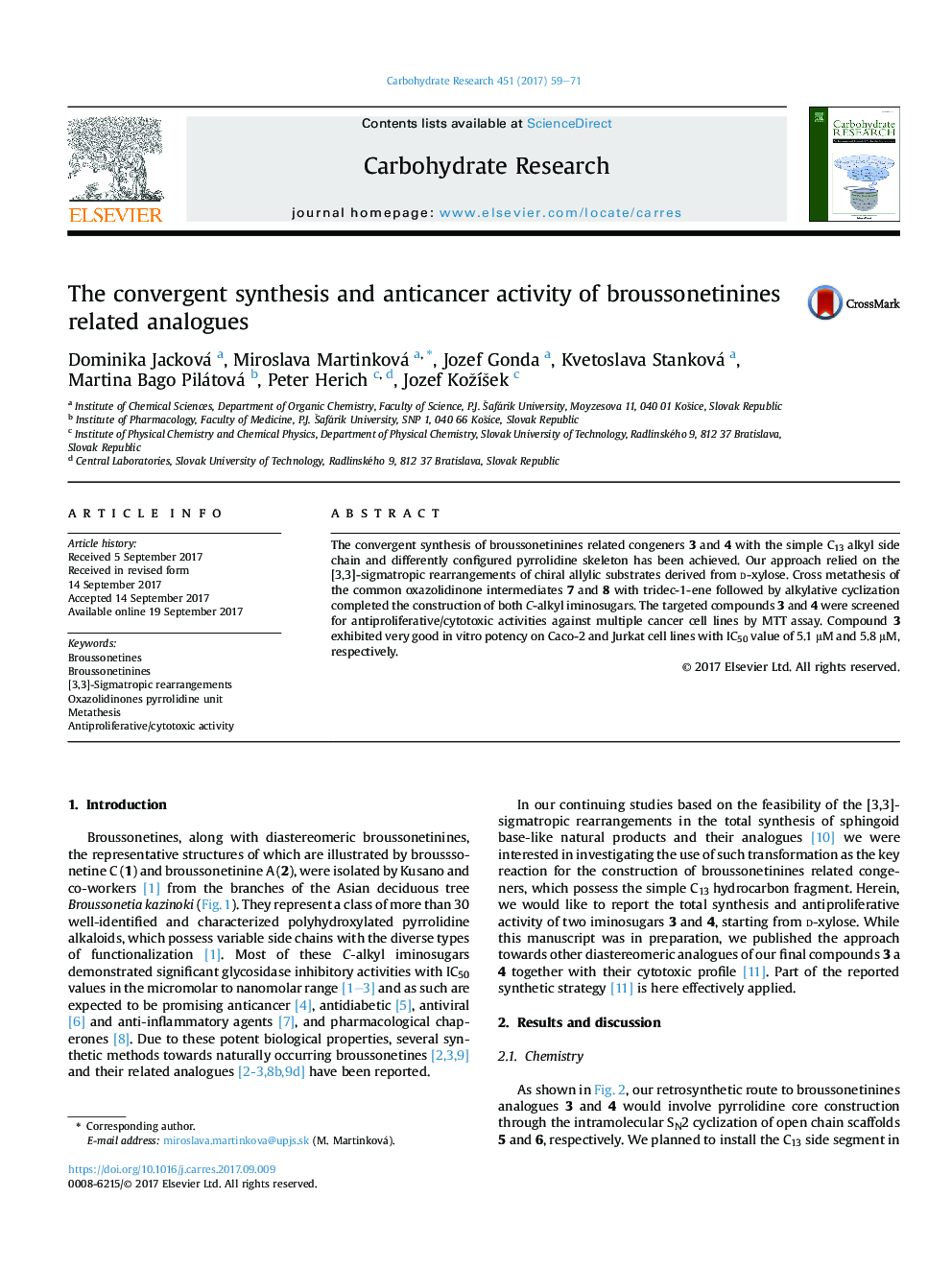 The convergent synthesis and anticancer activity of broussonetinines related analogues