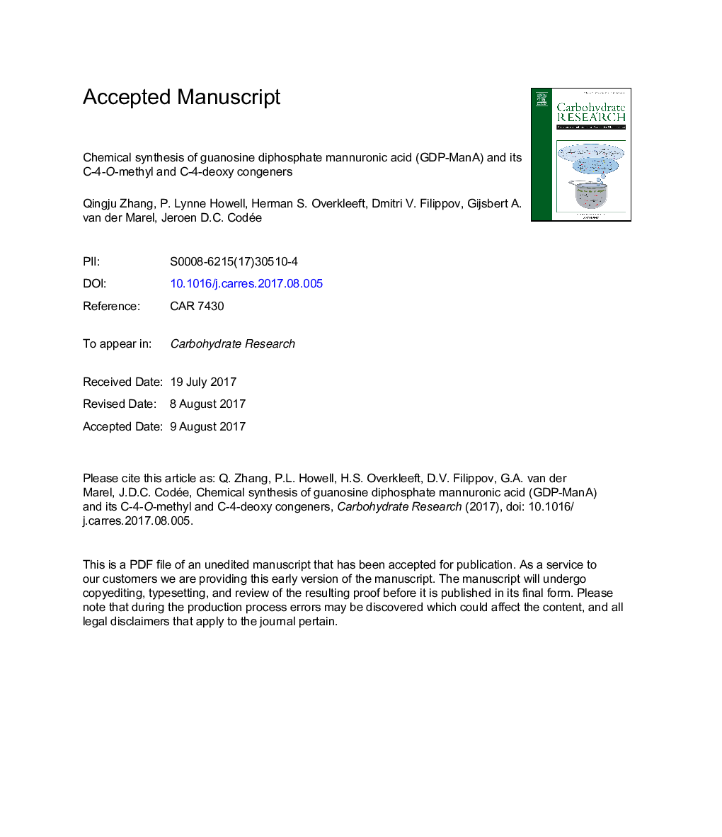 Chemical synthesis of guanosine diphosphate mannuronic acid (GDP-ManA) and its C-4-O-methyl and C-4-deoxy congeners