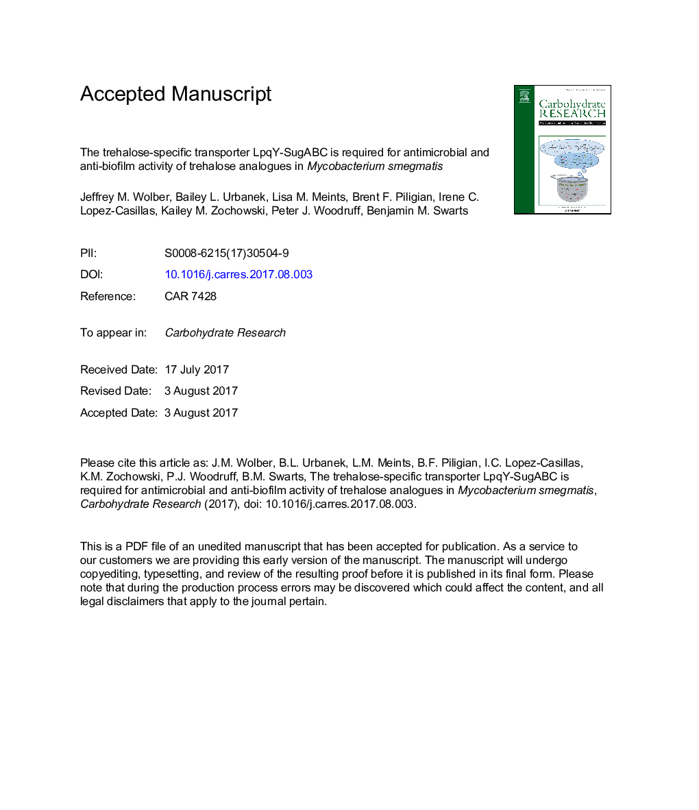 The trehalose-specific transporter LpqY-SugABC is required for antimicrobial and anti-biofilm activity of trehalose analogues in Mycobacterium smegmatis