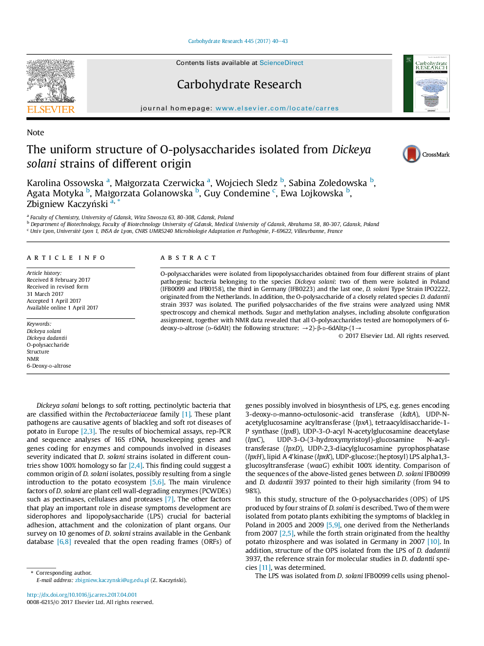 The uniform structure of O-polysaccharides isolated from Dickeya solani strains of different origin