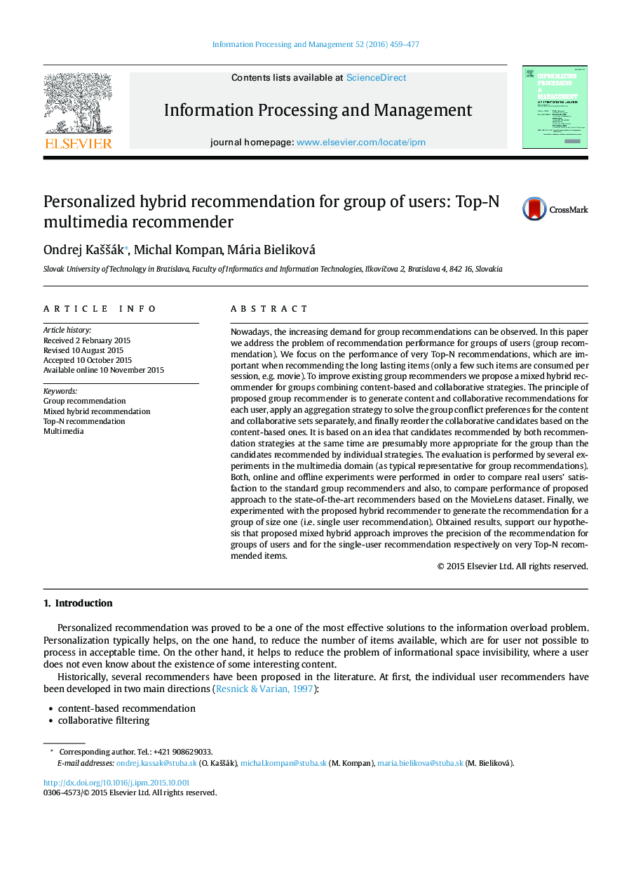 Personalized hybrid recommendation for group of users: Top-N multimedia recommender