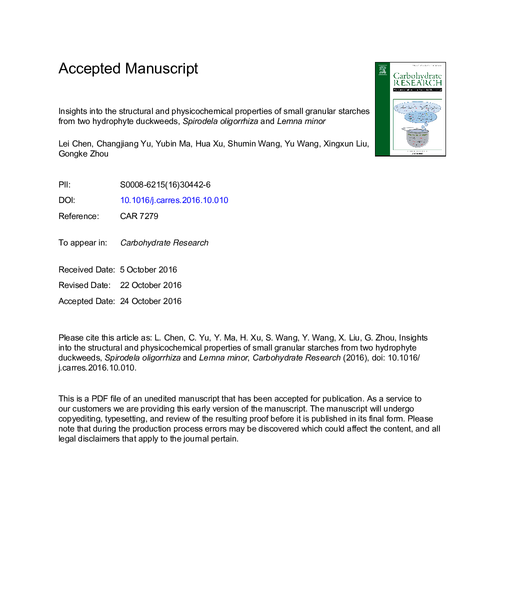 Insights into the structural and physicochemical properties of small granular starches from two hydrophyte duckweeds, Spirodela oligorrhiza and Lemna minor