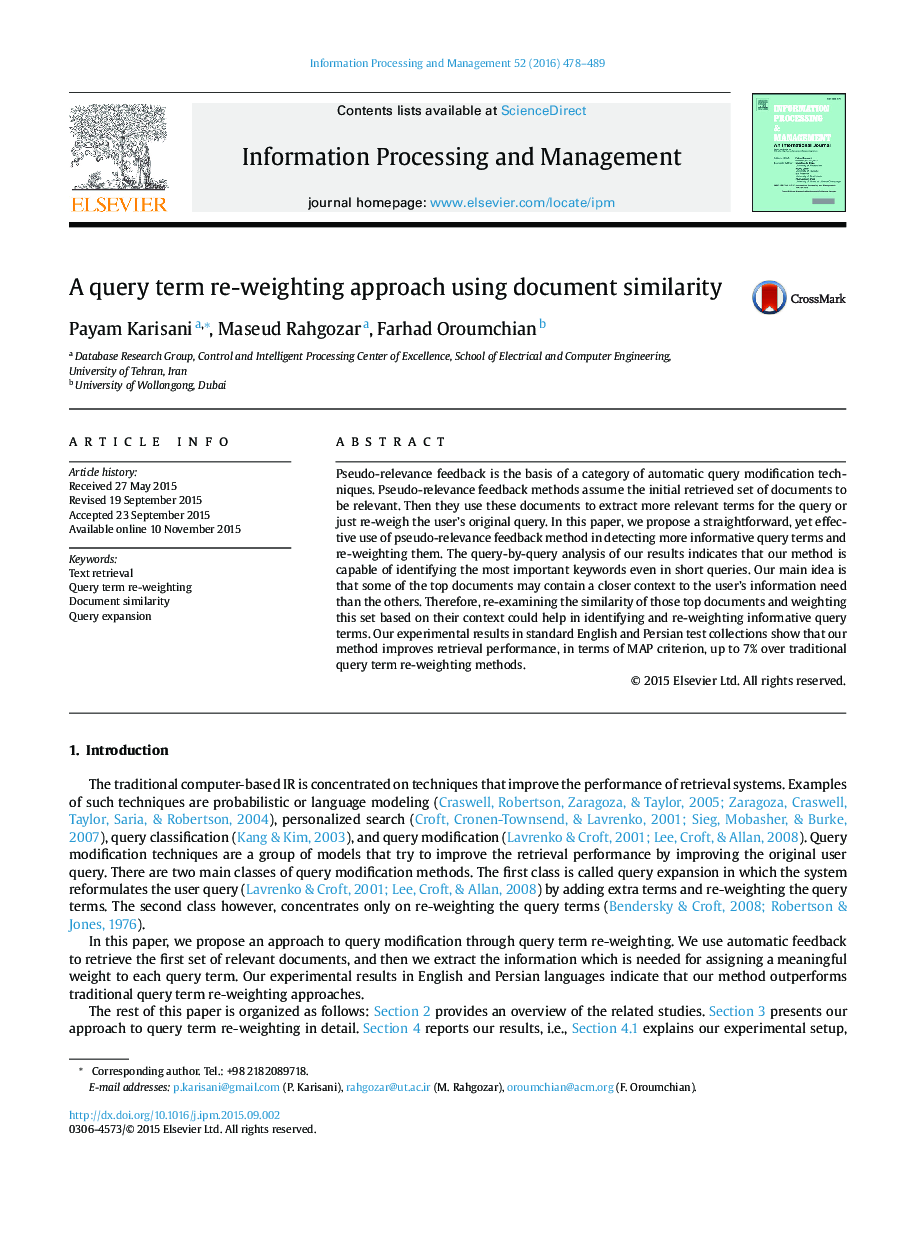 A query term re-weighting approach using document similarity