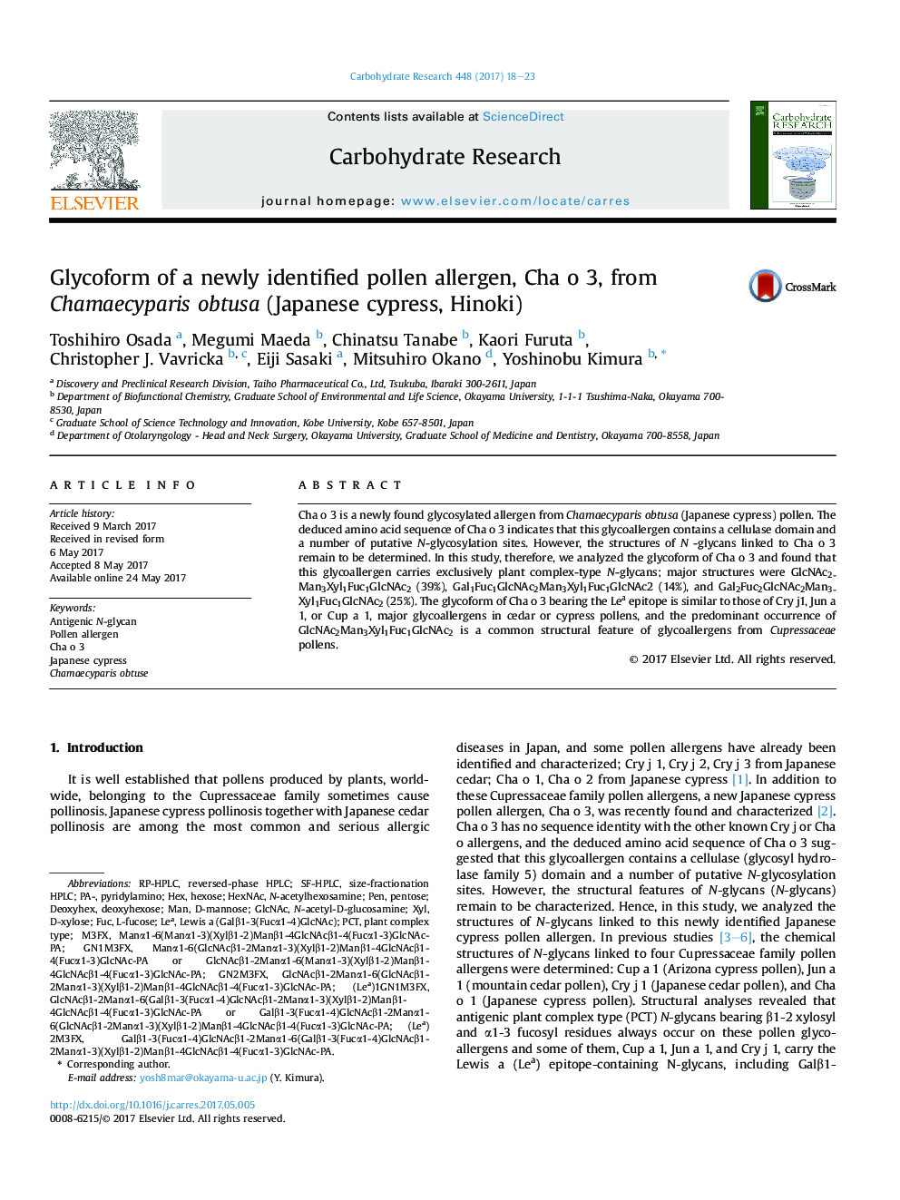 Glycoform of a newly identified pollen allergen, Cha o 3, from Chamaecyparis obtusa (Japanese cypress, Hinoki)