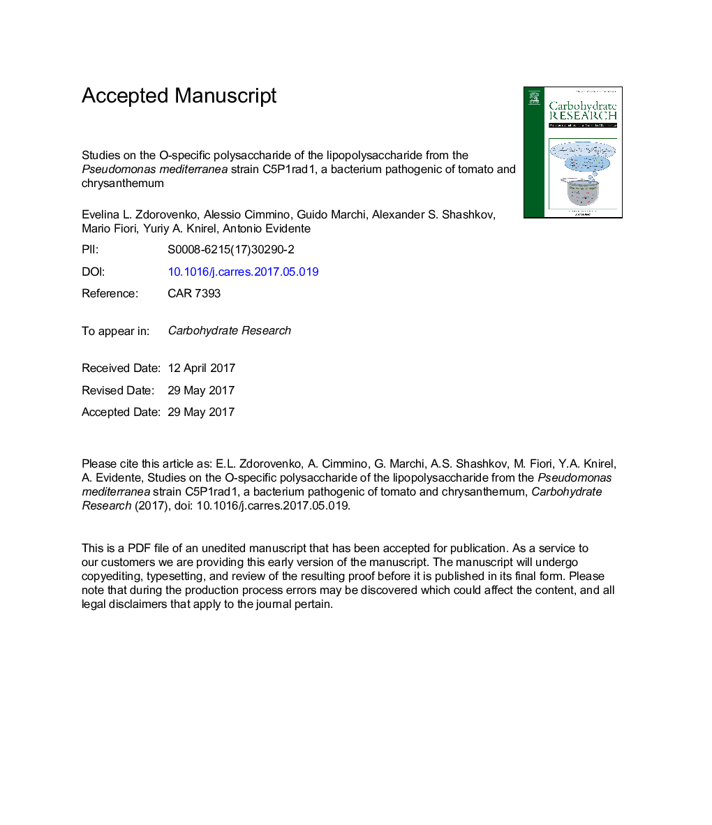 Studies on the O-specific polysaccharide of the lipopolysaccharide from the Pseudomonas mediterranea strain C5P1rad1, a bacterium pathogenic of tomato and chrysanthemum