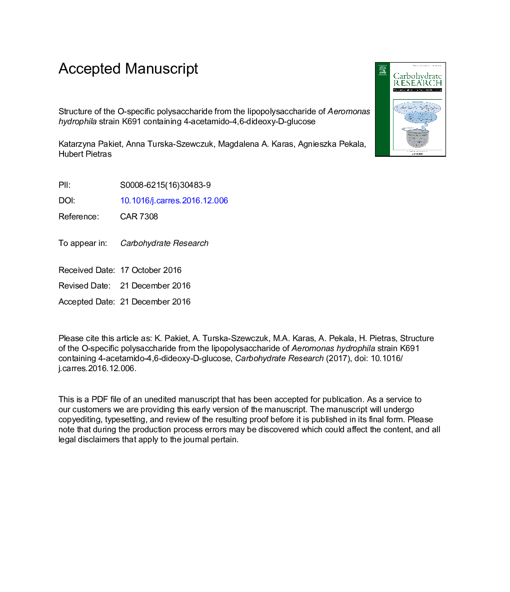 Structure of the O-specific polysaccharide from the lipopolysaccharide of Aeromonas hydrophila strain K691 containing 4-acetamido-4,6-dideoxy-d-glucose