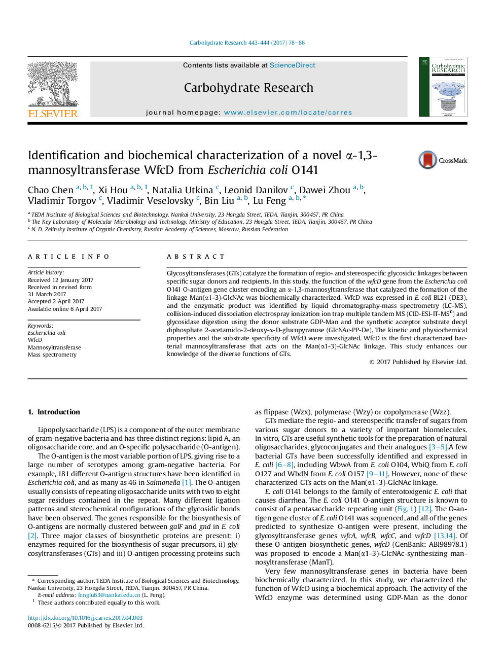 Identification and biochemical characterization of a novel Î±-1,3-mannosyltransferase WfcD from Escherichia coli O141