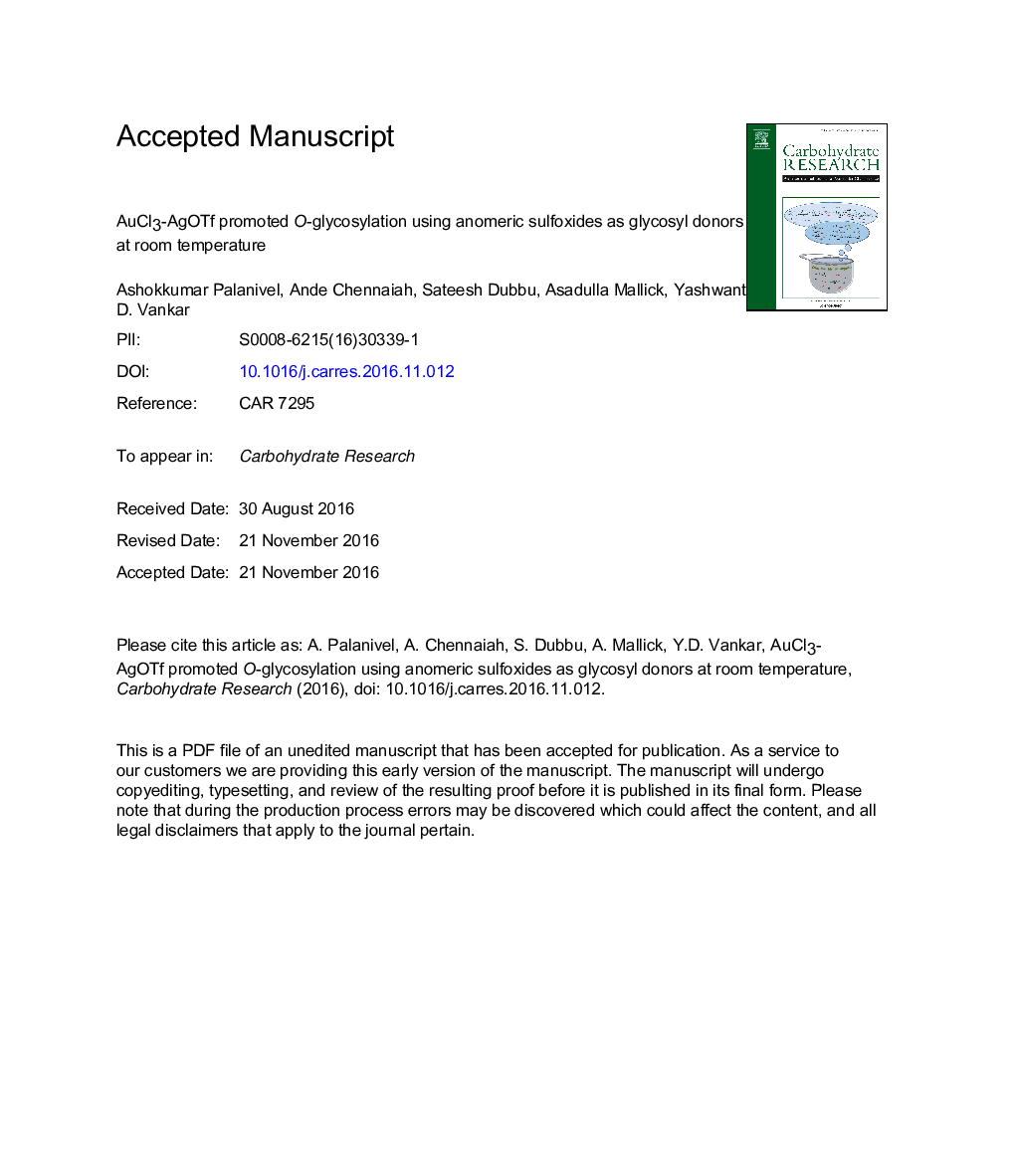 AuCl3-AgOTf promoted O-glycosylation using anomeric sulfoxides as glycosyl donors at room temperature