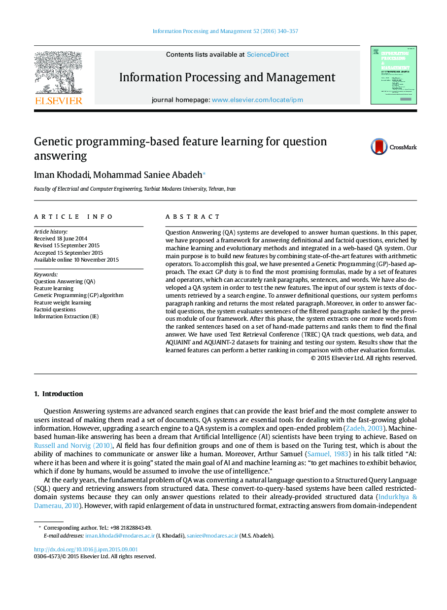 Genetic programming-based feature learning for question answering