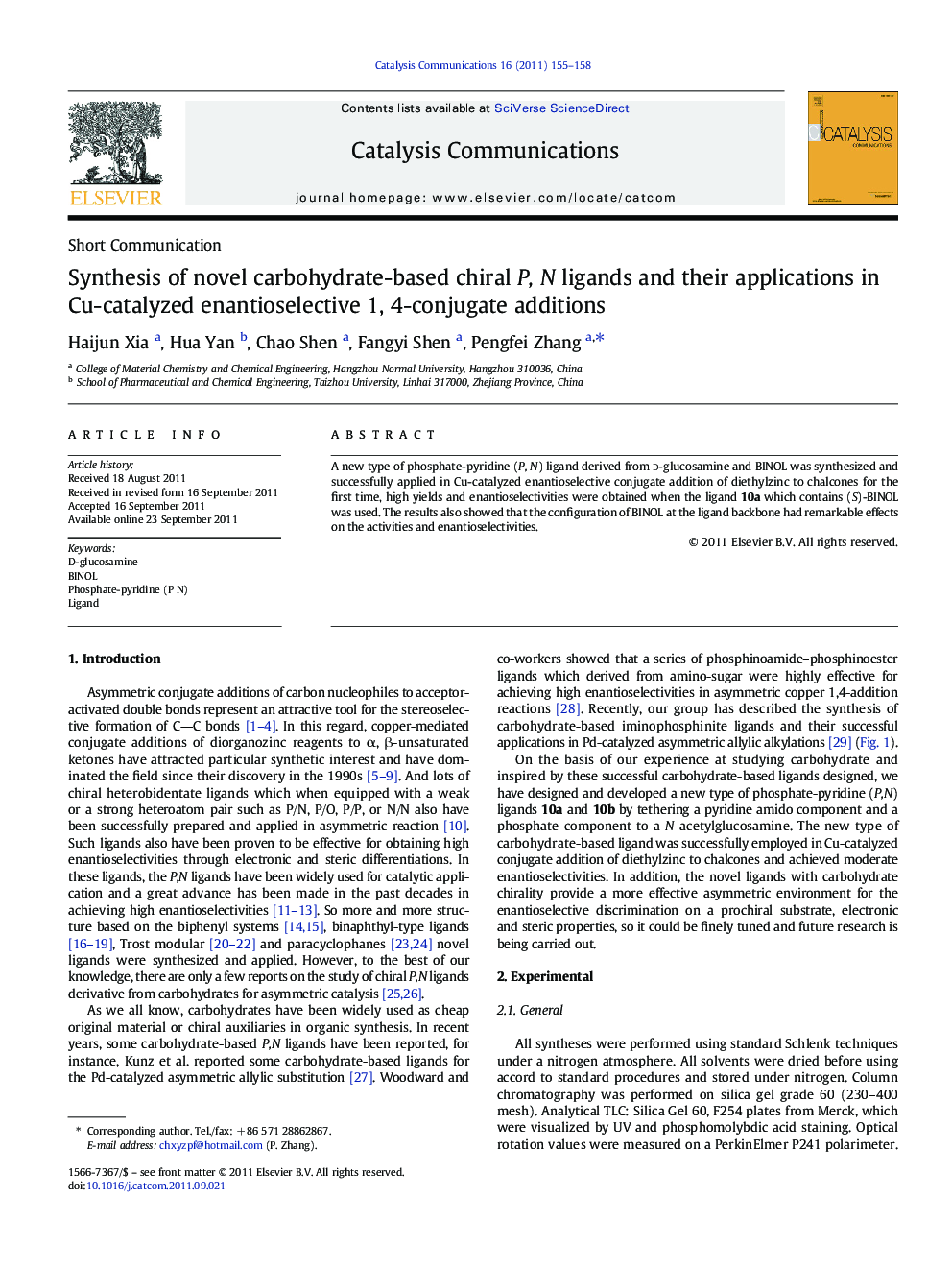 Synthesis of novel carbohydrate-based chiral P, N ligands and their applications in Cu-catalyzed enantioselective 1, 4-conjugate additions