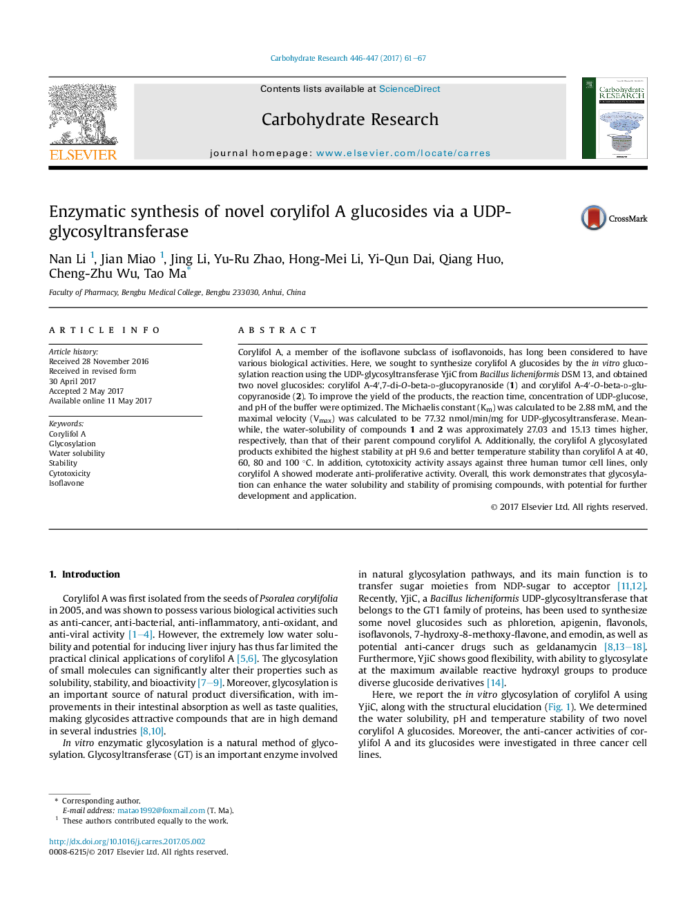 Enzymatic synthesis of novel corylifol A glucosides via a UDP-glycosyltransferase