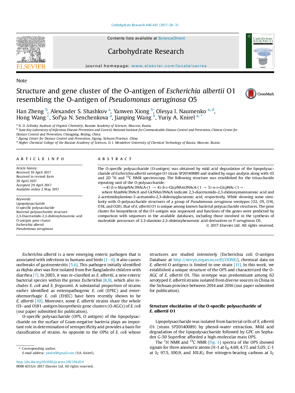 Structure and gene cluster of the O-antigen of Escherichia albertii O1 resembling the O-antigen of Pseudomonas aeruginosa O5